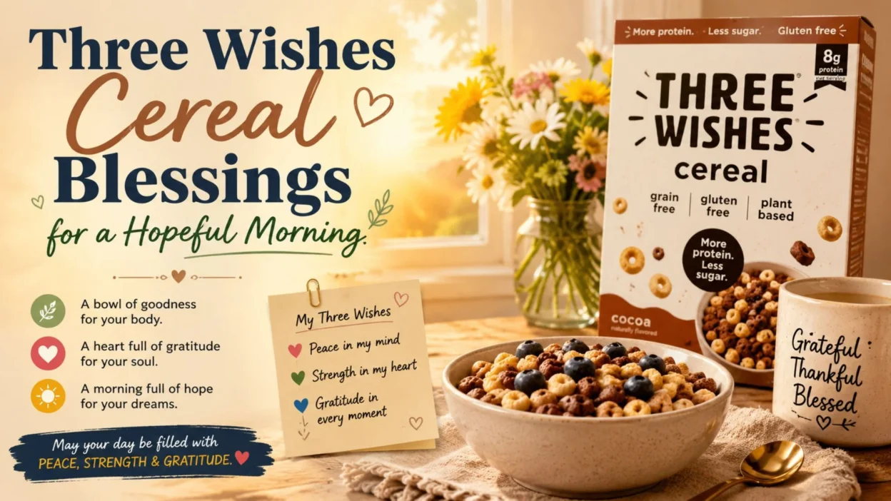 Three Wishes Cereal blessings breakfast scene with cereal bowl, gratitude mug, flowers, and hopeful morning sunlight