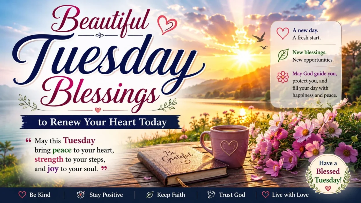 Beautiful Tuesday blessings with sunrise, flowers, prayer journal, and peaceful lake view