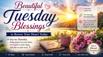 Beautiful Tuesday blessings with sunrise, flowers, prayer journal, and peaceful lake view