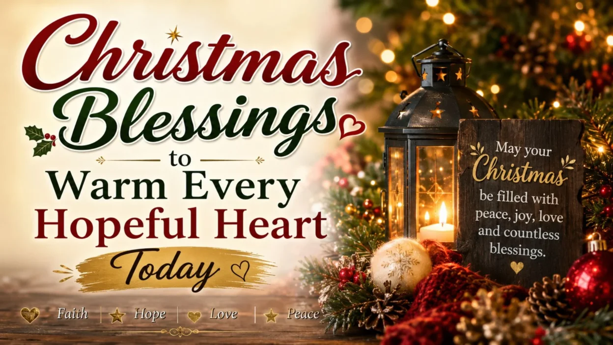 Christmas blessings with glowing lantern, festive tree, candlelight, and hopeful holiday message