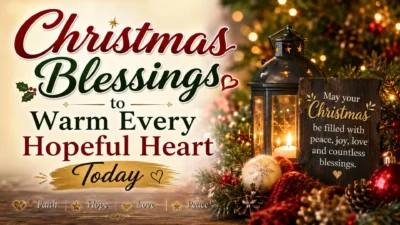 Christmas blessings with glowing lantern, festive tree, candlelight, and hopeful holiday message