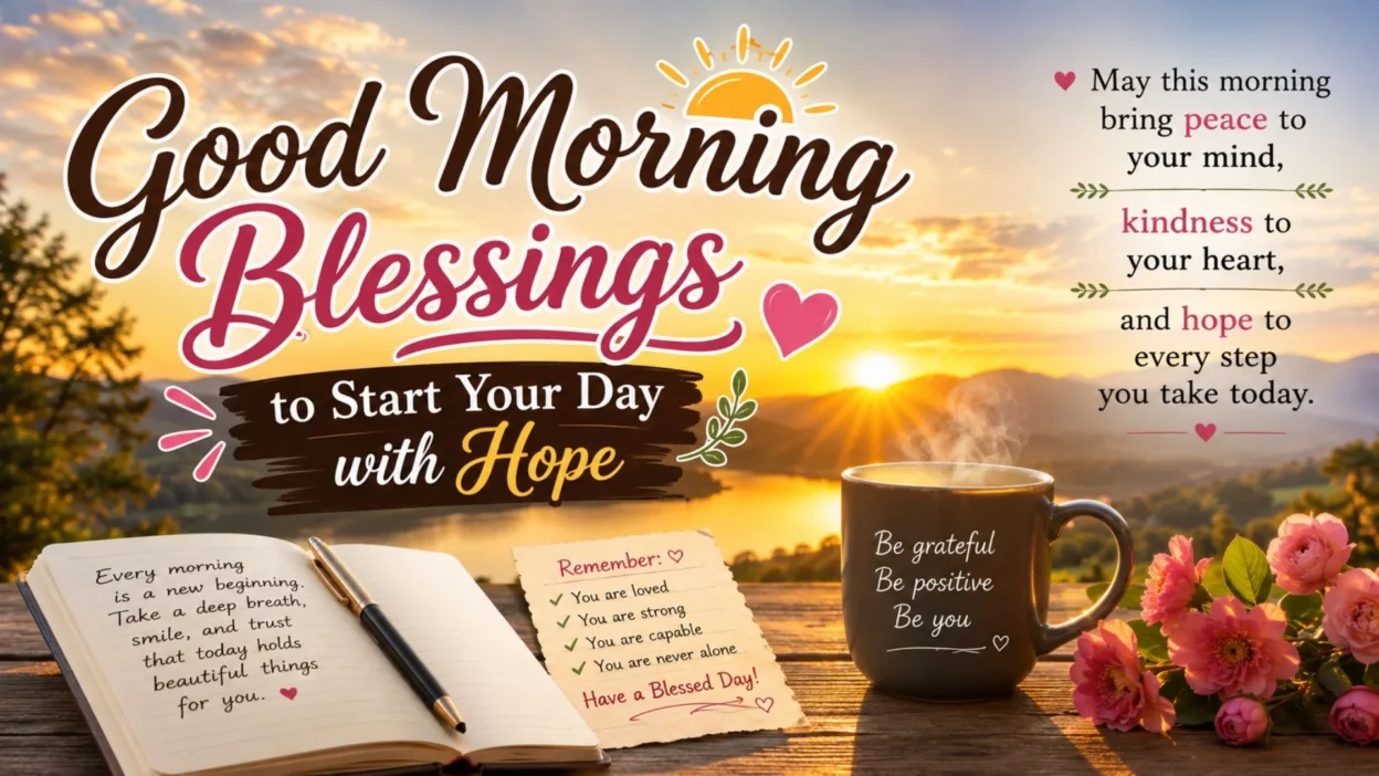 Good morning blessings image with sunrise, peaceful lake, coffee, flowers, and hopeful quote for a blessed day