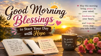 Good morning blessings image with sunrise, peaceful lake, coffee, flowers, and hopeful quote for a blessed day