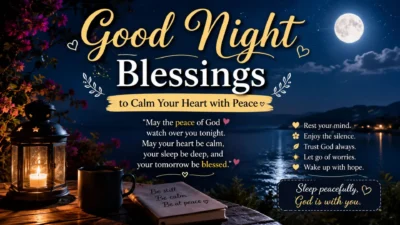 Good night blessings with moonlit lake, glowing lantern, and peaceful prayer for restful sleep