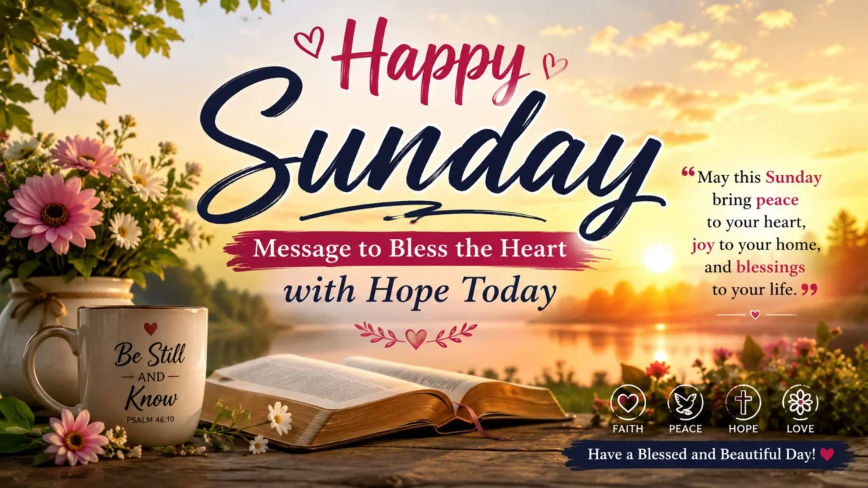 Happy Sunday message with sunrise, open Bible, flowers, peace, hope, faith, and blessings
