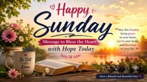 Happy Sunday message with sunrise, open Bible, flowers, peace, hope, faith, and blessings
