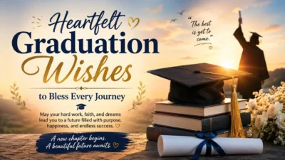 Heartfelt graduation wishes with cap, books, diploma, and sunset blessing scene