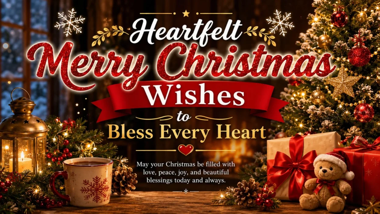 Heartfelt Merry Christmas wishes with tree, gifts, lantern, fireplace, and warm holiday blessings
