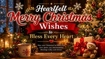 Heartfelt Merry Christmas wishes with tree, gifts, lantern, fireplace, and warm holiday blessings