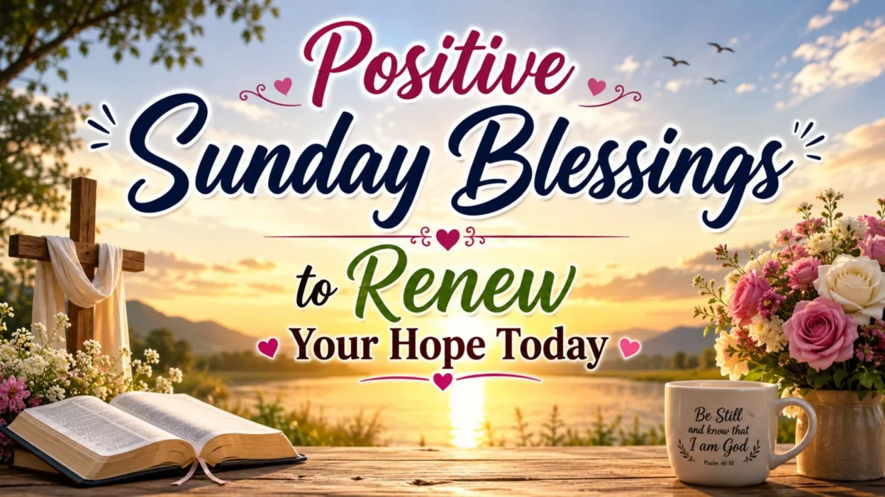 Positive Sunday blessings with sunrise, Bible, cross, flowers, and peaceful lake view