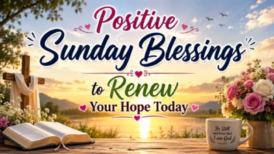 Positive Sunday blessings with sunrise, Bible, cross, flowers, and peaceful lake view