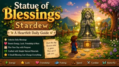 Statue of Blessings Stardew guide with magical farm shrine, daily blessings, energy, luck, and friendship icons