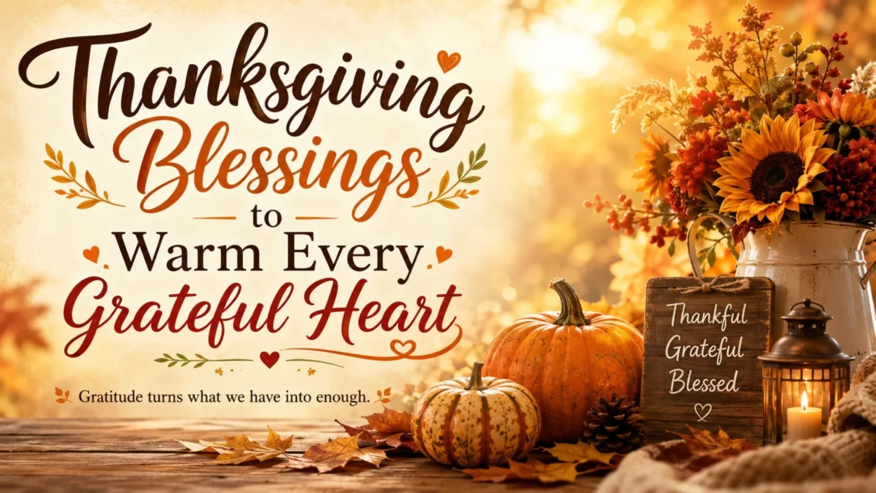 Thanksgiving blessings with pumpkins, sunflowers, candles, and warm autumn gratitude decor