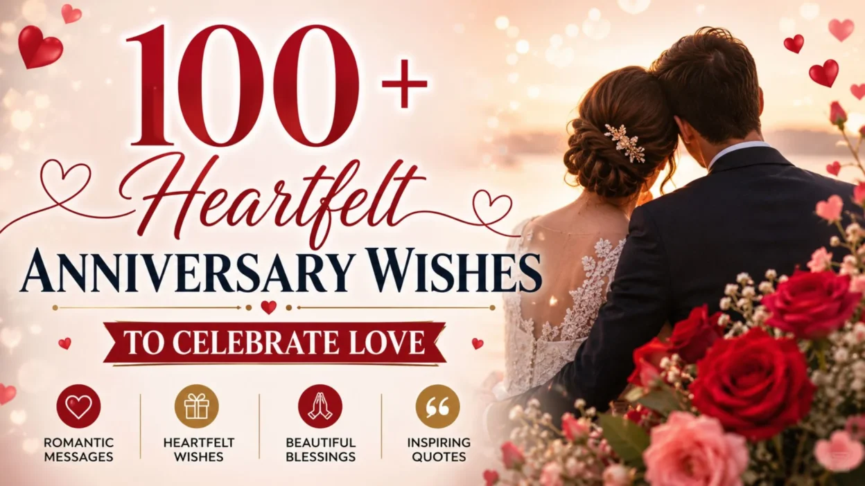 Romantic anniversary cover featuring a loving couple at sunset with roses and the text "100+ Heartfelt Anniversary Wishes to Celebrate Love."