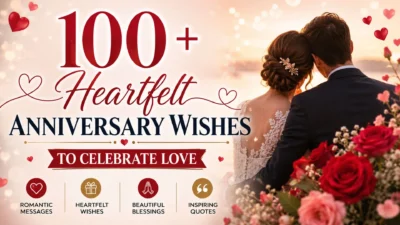 Romantic anniversary cover featuring a loving couple at sunset with roses and the text "100+ Heartfelt Anniversary Wishes to Celebrate Love."