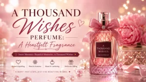 A Thousand Wishes perfume bottle with pink flowers, bow, and romantic sparkling fragrance background