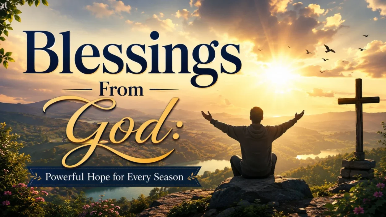 Man worshipping beside a cross at golden sunrise with Blessings From God inspirational text.