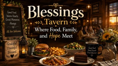 Blessings Tavern poster with warm food, family gathering, rustic décor, and a hopeful sunset atmosphere.