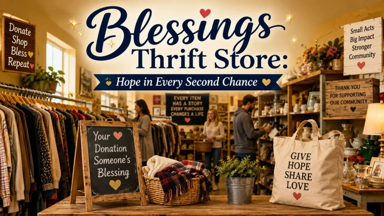 Blessings thrift store filled with clothing, home goods, donations, and hopeful community messages.