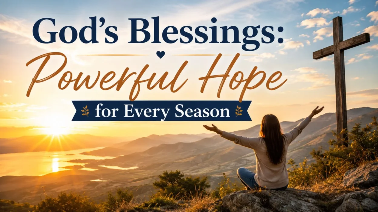 God’s blessings image with a sunrise, mountains, wooden cross, and a woman raising her arms in faith.