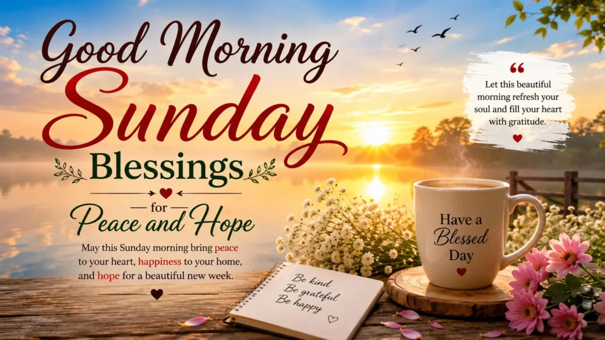 Good Morning Sunday blessings with a peaceful sunrise, flowers, coffee, and an inspiring message of hope.