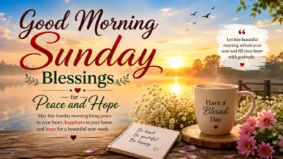 Good Morning Sunday blessings with a peaceful sunrise, flowers, coffee, and an inspiring message of hope.