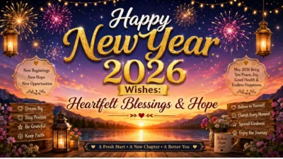 Happy New Year 2026 wishes with fireworks, golden text, sunset lake, lanterns, flowers, blessings, and hope.
