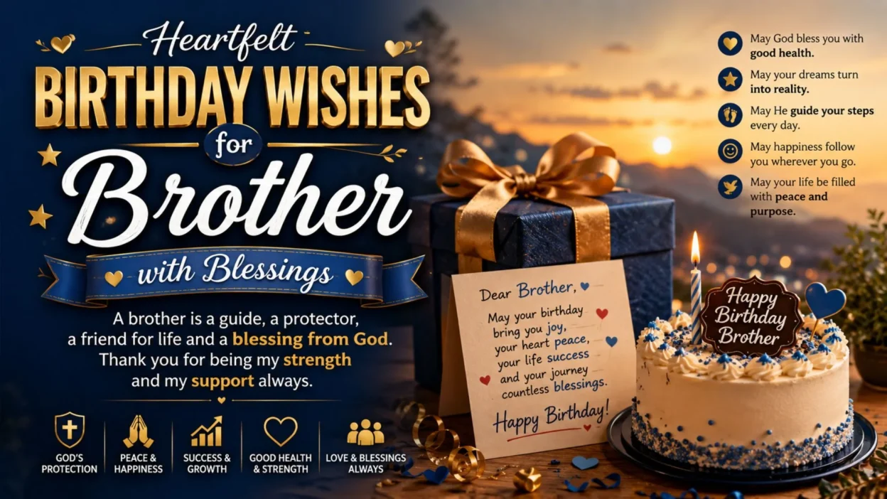 Heartfelt birthday wishes for brother with blessings, cake, gift, prayer icons, and warm golden birthday background