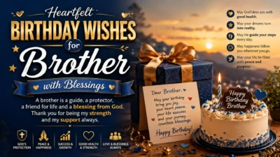 Heartfelt birthday wishes for brother with blessings, cake, gift, prayer icons, and warm golden birthday background