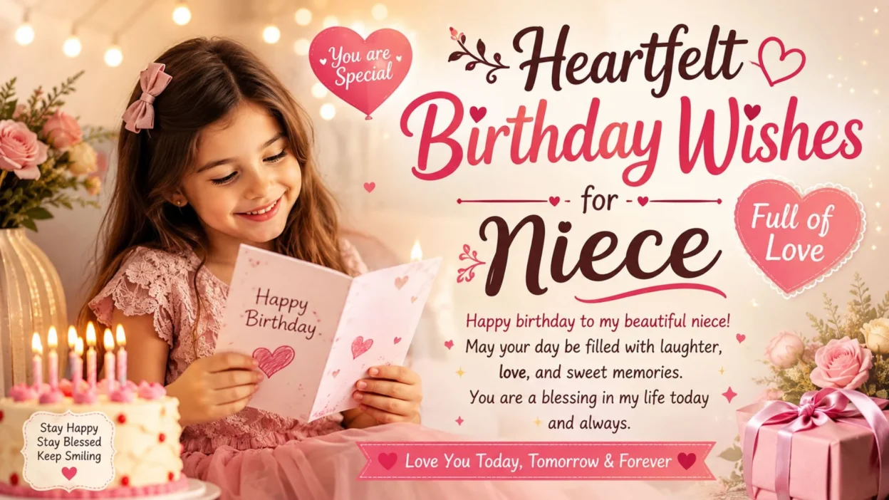 Heartfelt birthday wishes for niece with smiling girl, birthday cake, flowers, gifts, and love-filled message