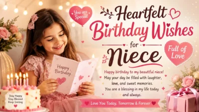 Heartfelt birthday wishes for niece with smiling girl, birthday cake, flowers, gifts, and love-filled message