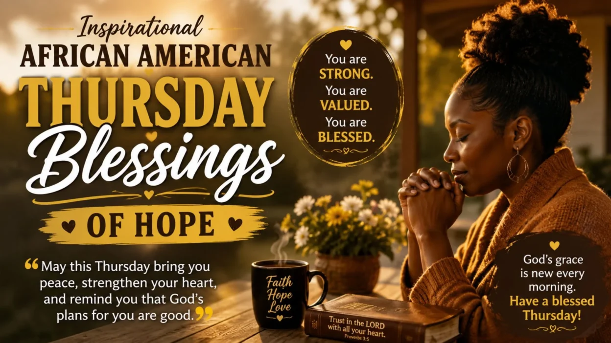 African American woman praying beside a Bible with inspirational Thursday blessings of hope and faith.