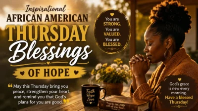 African American woman praying beside a Bible with inspirational Thursday blessings of hope and faith.