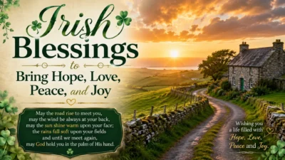 Irish blessings poster with green hills, stone cottage, winding road, shamrocks, and a glowing sunset.