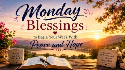 Monday blessings sunrise scene with an open Bible, coffee, mountains, and a peaceful message of hope