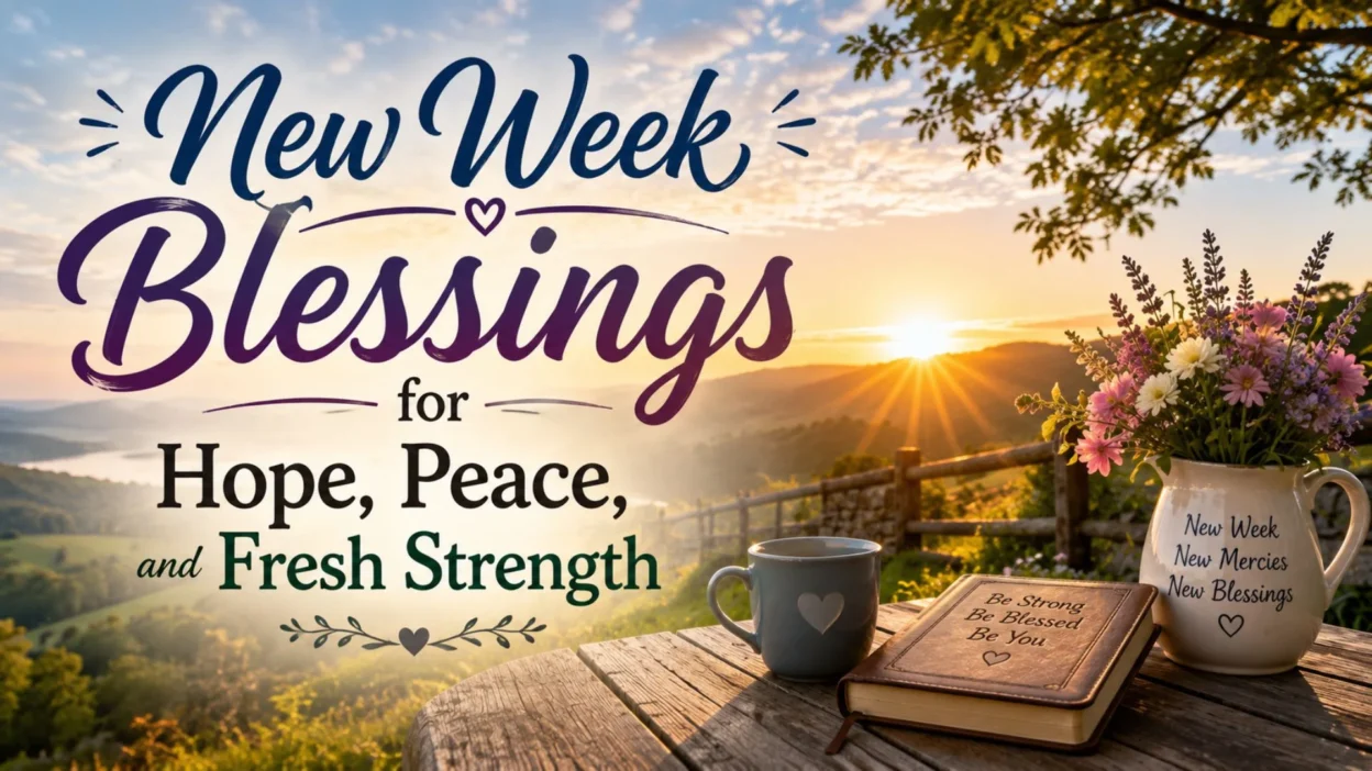 New week blessings over a peaceful sunrise with flowers, a book, and words of hope, peace, and fresh strength.