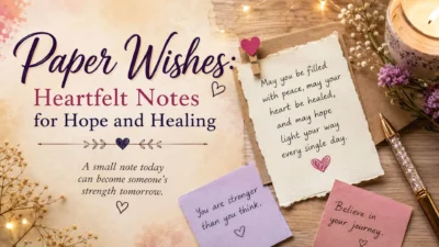 Paper wishes with heartfelt notes, flowers, candlelight, and messages of hope and healing.