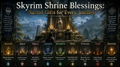 Skyrim shrine blessings poster with a sacred altar, Nine Divines icons, and snowy mountains.