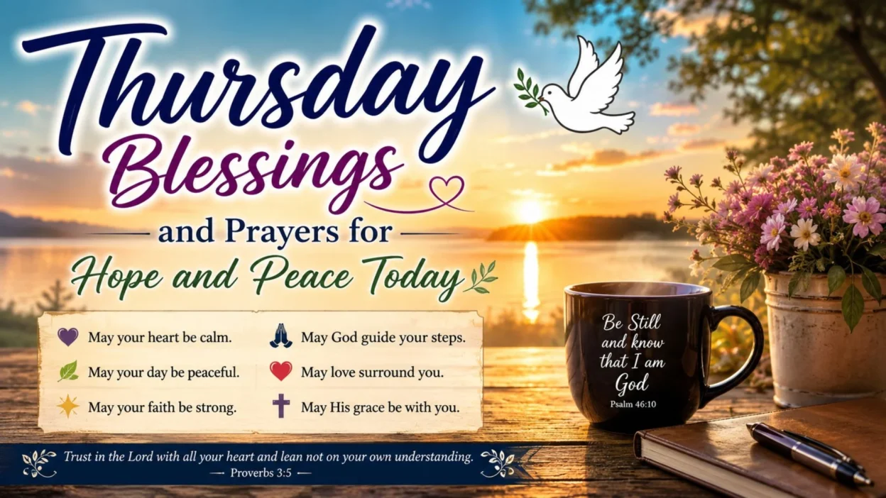 Thursday blessings and prayers with a peaceful sunrise, flowers, Bible verse, and hopeful faith message.