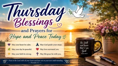 Thursday blessings and prayers with a peaceful sunrise, flowers, Bible verse, and hopeful faith message.