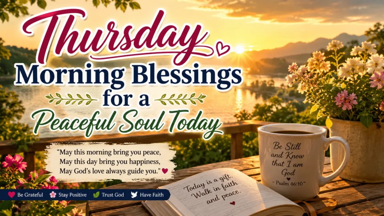 Thursday morning blessings image with peaceful sunrise, flowers, coffee, and spiritual message for a calm soul