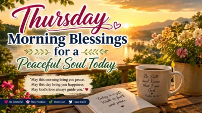 Thursday morning blessings image with peaceful sunrise, flowers, coffee, and spiritual message for a calm soul