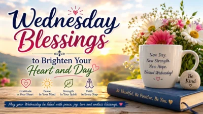 Wednesday blessings image with sunrise, flowers, coffee mug, and an uplifting message for peace, hope, and gratitude.
