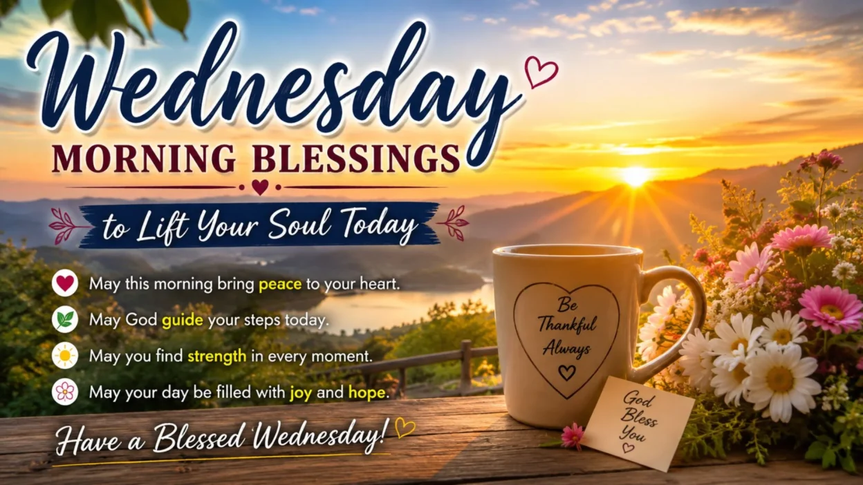 Wednesday morning blessings sunrise image with peaceful mountains, flowers, and uplifting spiritual message.