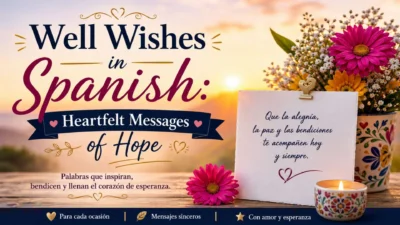 Warm Spanish well wishes graphic with flowers, a message notebook, and a sunlit Mediterranean view.