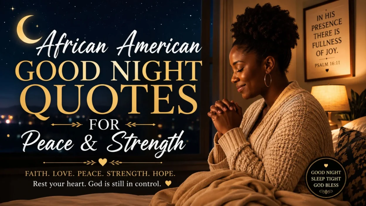 African American good night quotes for peace and strength with a praying woman under a peaceful night sky