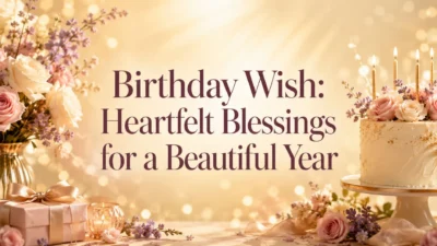 Birthday wish image with a floral cake, glowing candles, roses, gifts, and heartfelt blessings text.