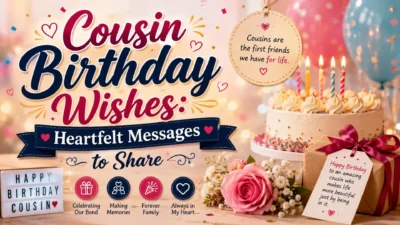 Cousin birthday wishes image with cake, balloons, gifts, flowers, and heartfelt birthday messages.