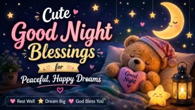 Cute good night blessings image with a sleeping teddy bear, glowing moon, stars, and a warm bedtime lantern.