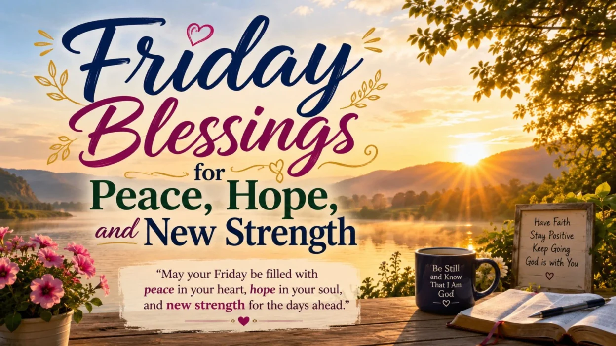 Friday blessings image with golden sunrise, peaceful lake, flowers, open Bible, and words of hope and strength.